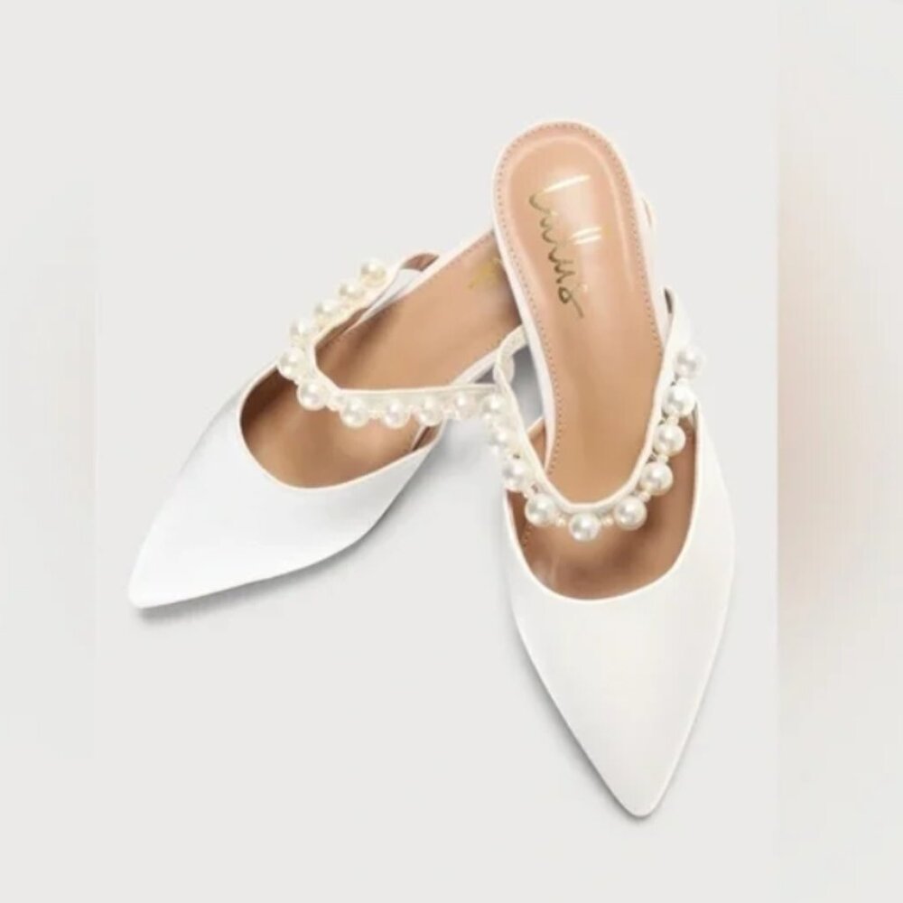 NWOT Lulus Hershie White Satin Pearl Pointed-Toe Mule Slides Size 11